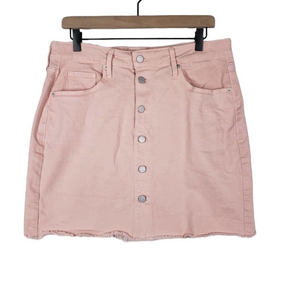 Old Navy Denim Button Front Mini Skirt 12 Pink Raw Hem